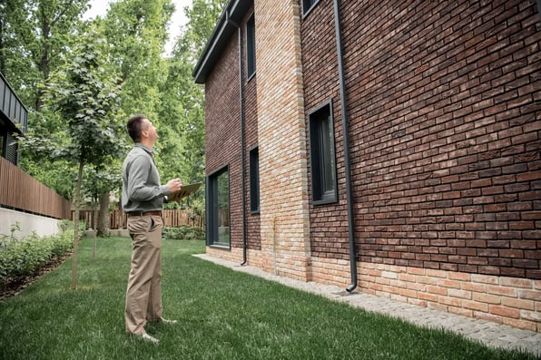 Professional property manager inspects exterior of Norfolk rental property