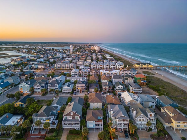 A beach town community, showcasing houses from an aerial view