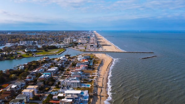 Aerial view of houses along the Virginia Beach coastline