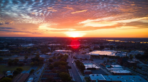 Aerial view of a sunset over Norfolk, Virginia